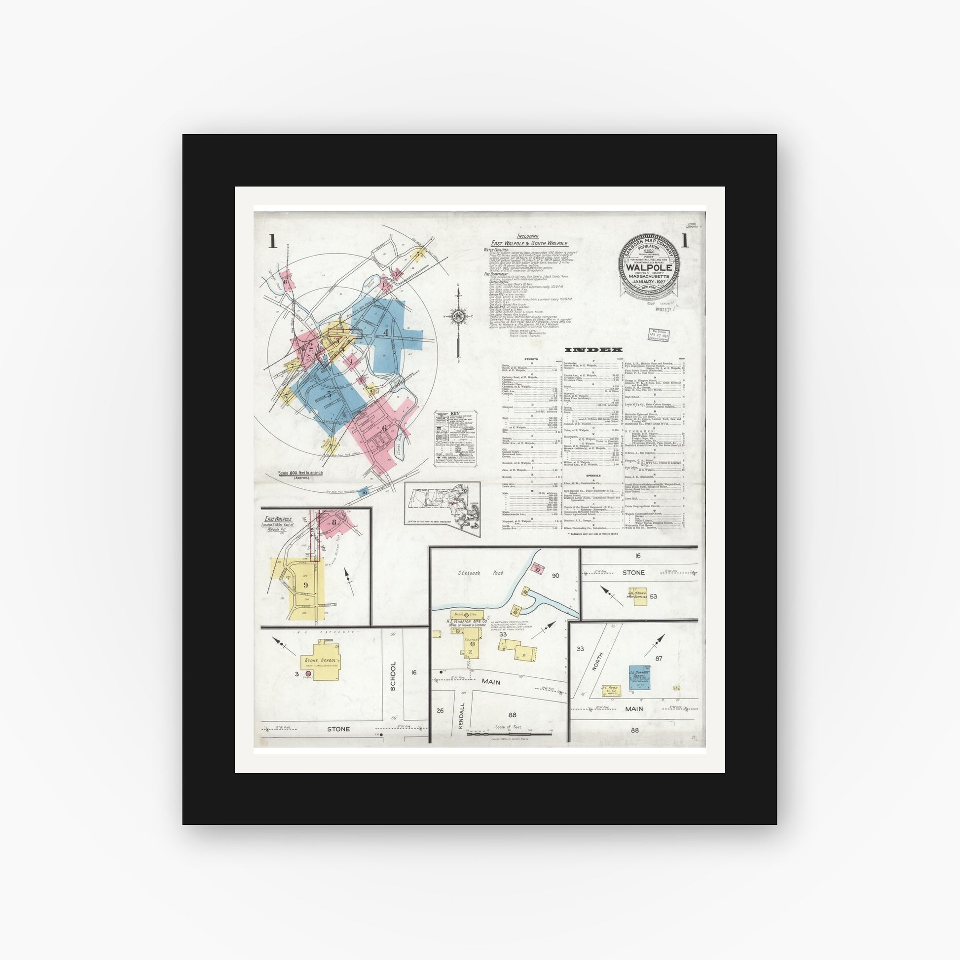 Old map wall art mockup — black gallery frame with white mat — Sanborn Fire Insurance Map from Walpole, Norfolk County, Massachusetts (1927), Sheet #0001