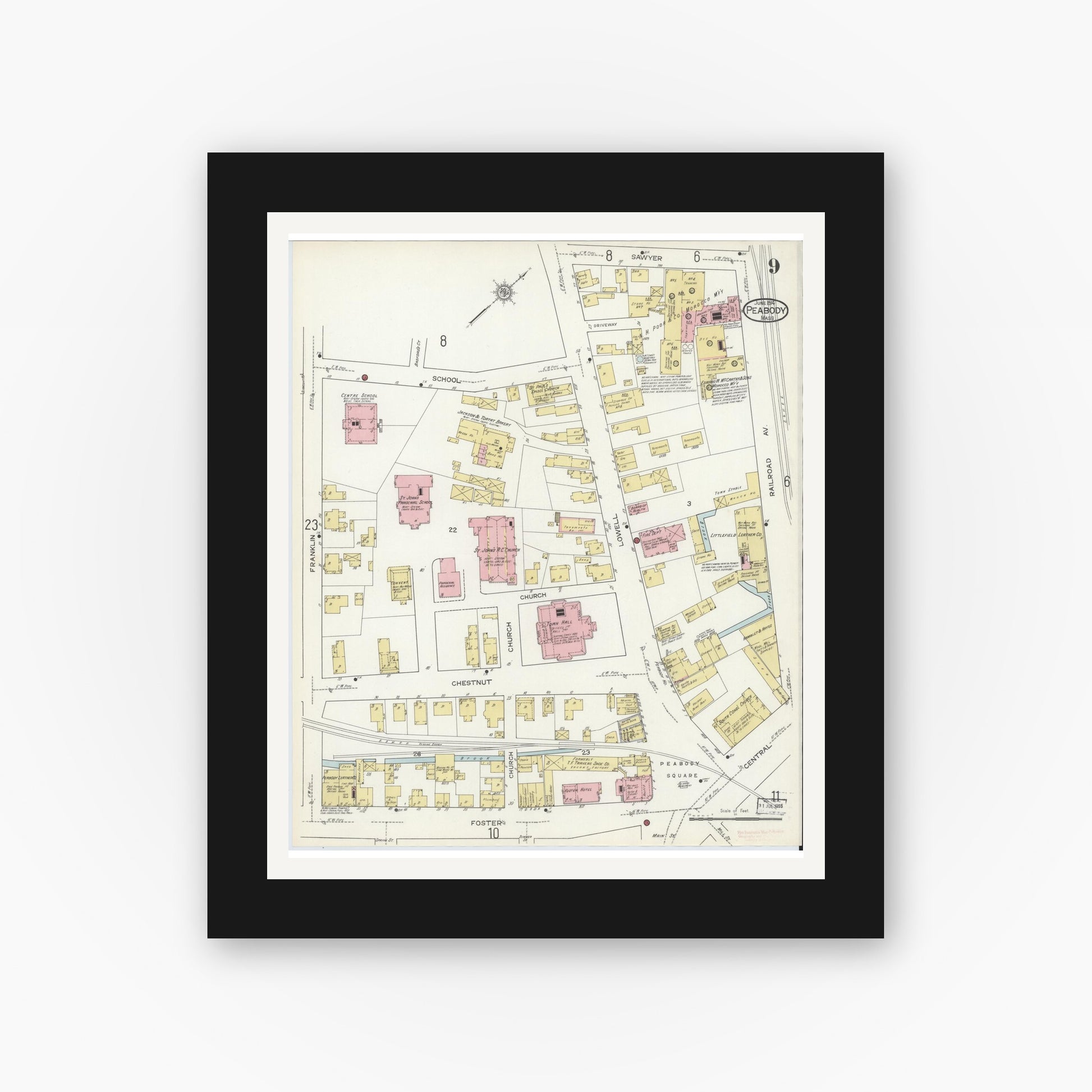 Old map wall art mockup — black gallery frame with white mat — Sanborn Fire Insurance Map from Peabody, Essex County, Massachusetts (1914), Sheet #0009