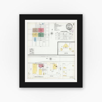 Old map wall art mockup — black gallery frame with white mat — Sanborn Fire Insurance Map from Mexia, Limestone County, Texas (1901), Sheet #0001