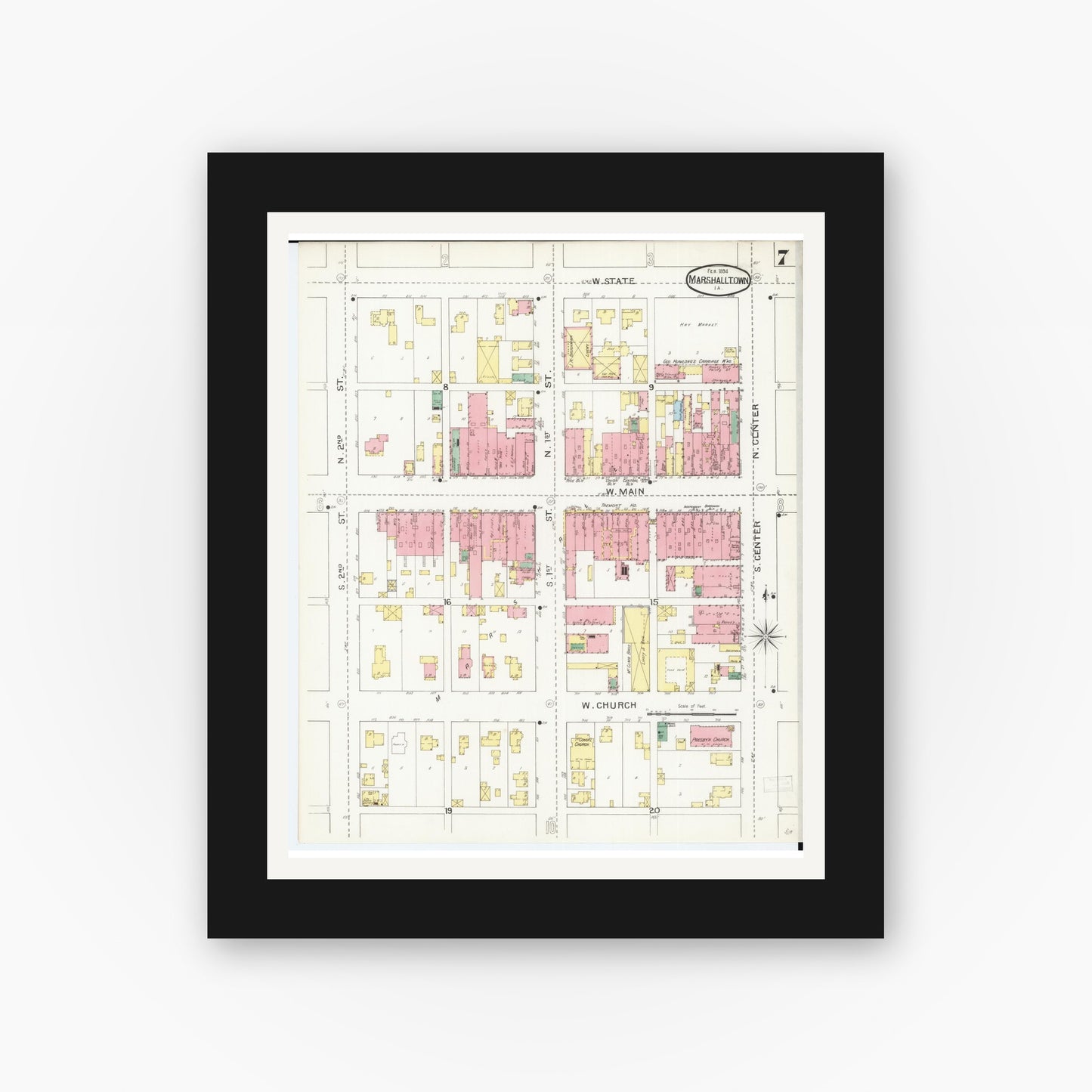 Old map wall art mockup — black gallery frame with white mat — Sanborn Fire Insurance Map from Marshalltown, Marshall County, Iowa (1894), Sheet #0007