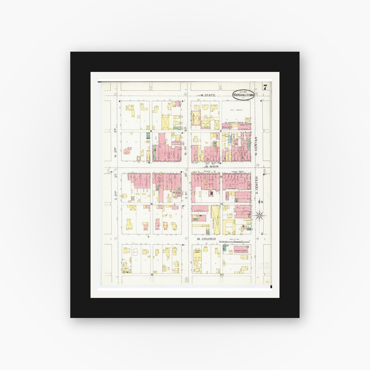 Old map wall art mockup — black gallery frame with white mat — Sanborn Fire Insurance Map from Marshalltown, Marshall County, Iowa (1894), Sheet #0007