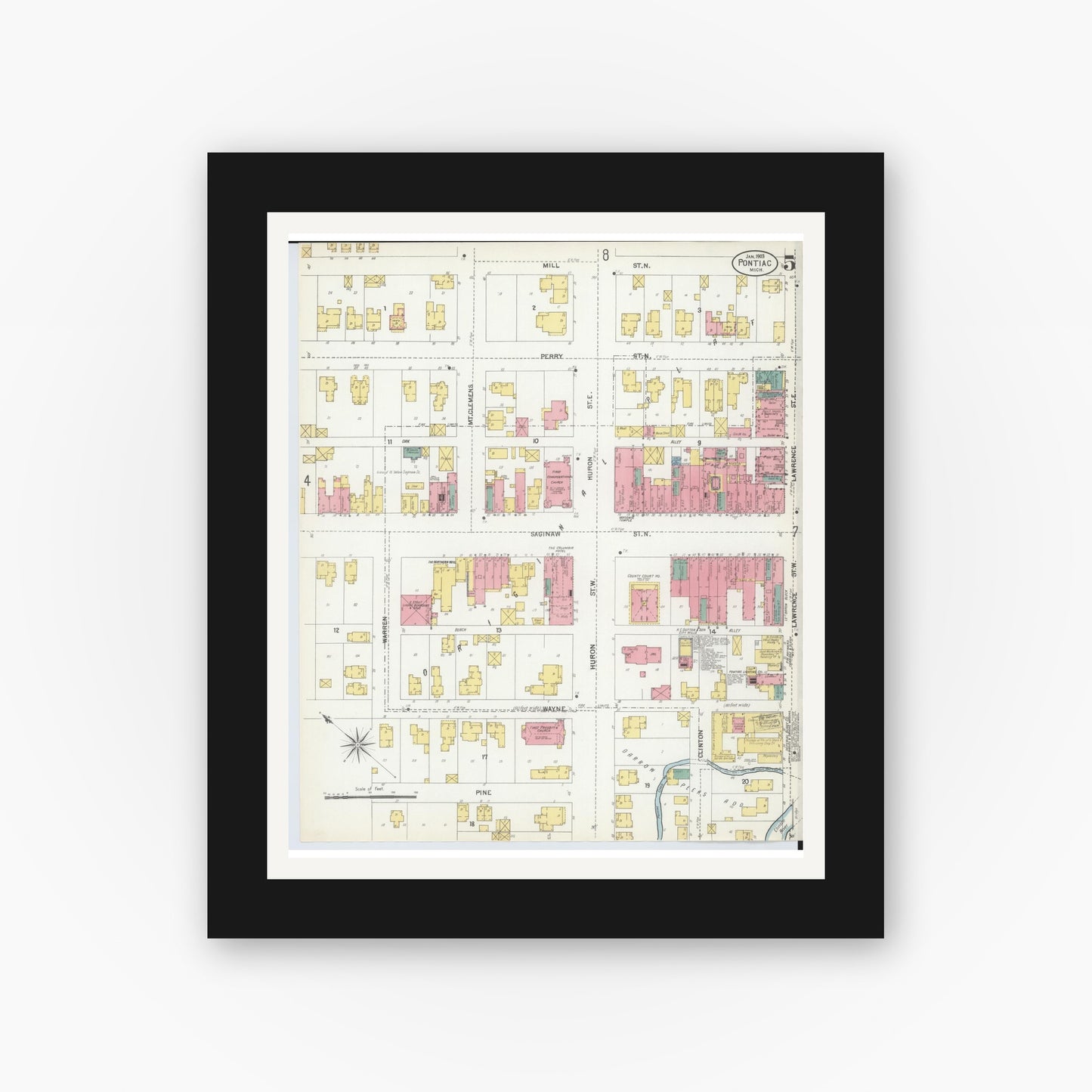 Old map wall art mockup — black gallery frame with white mat — Sanborn Fire Insurance Map from Pontiac, Oakland County, Michigan (1903), Sheet #0005