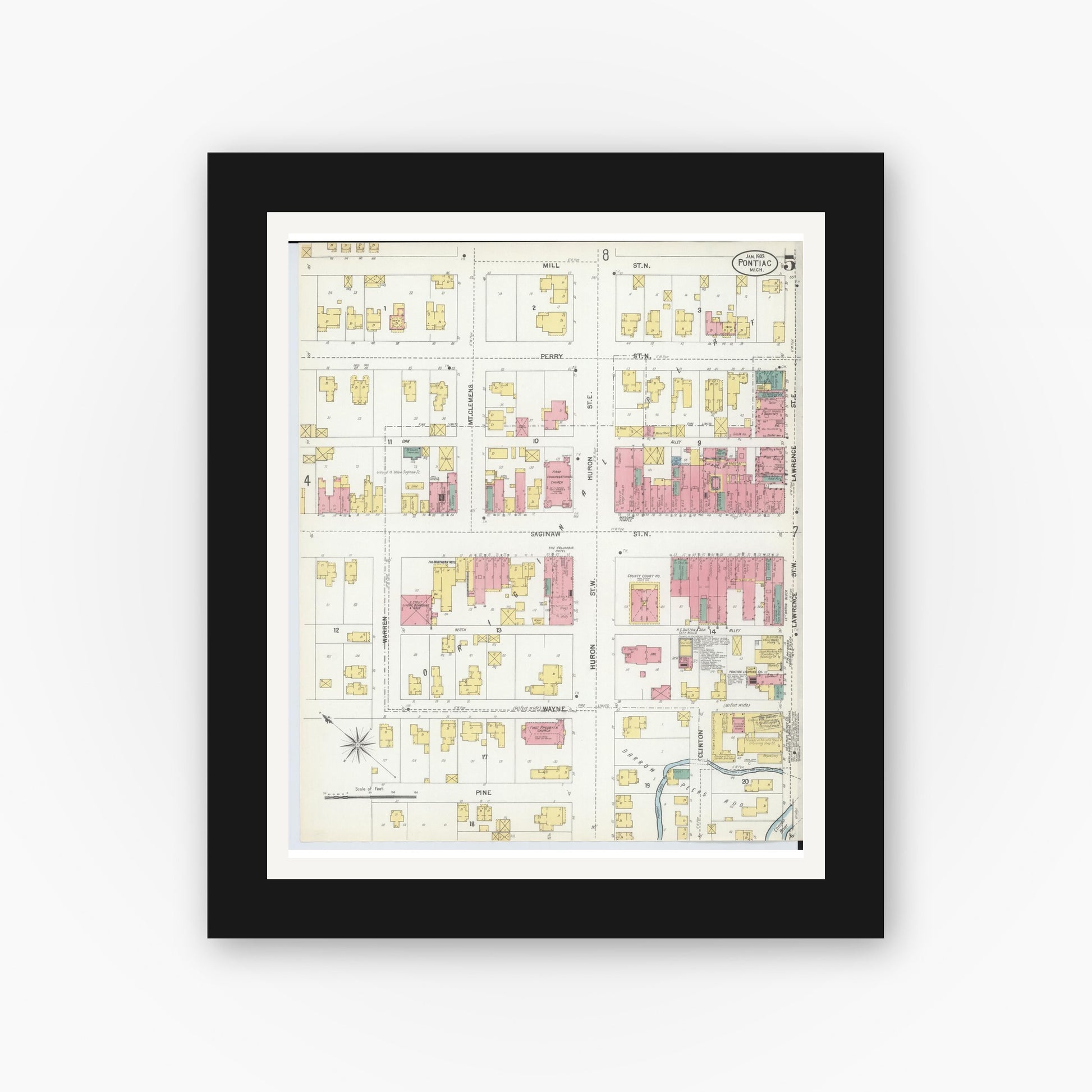 Old map wall art mockup — black gallery frame with white mat — Sanborn Fire Insurance Map from Pontiac, Oakland County, Michigan (1903), Sheet #0005