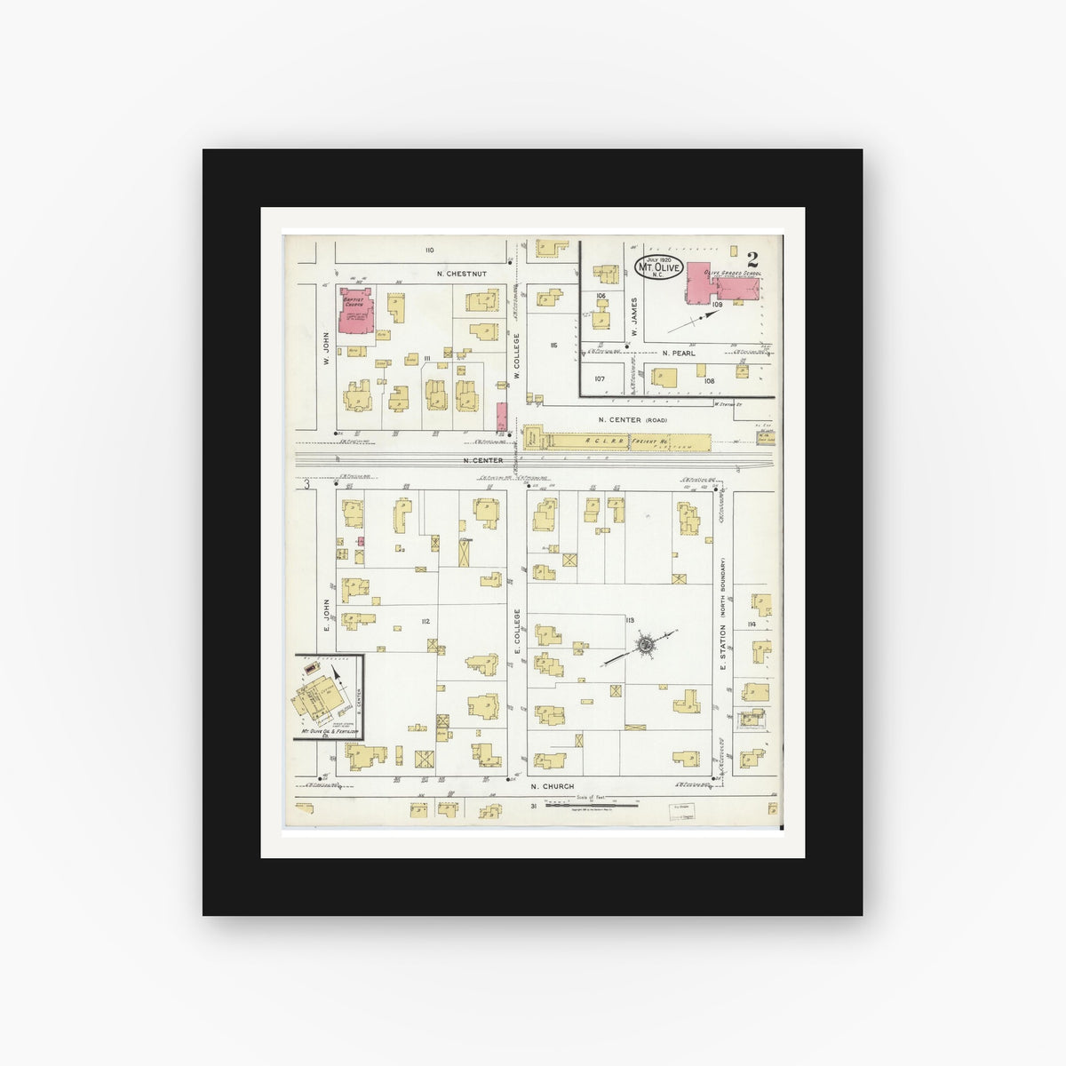Old map wall art mockup — black gallery frame with white mat — Sanborn Fire Insurance Map from Mount Olive, Wayne County, North Carolina (1920), Sheet #0002