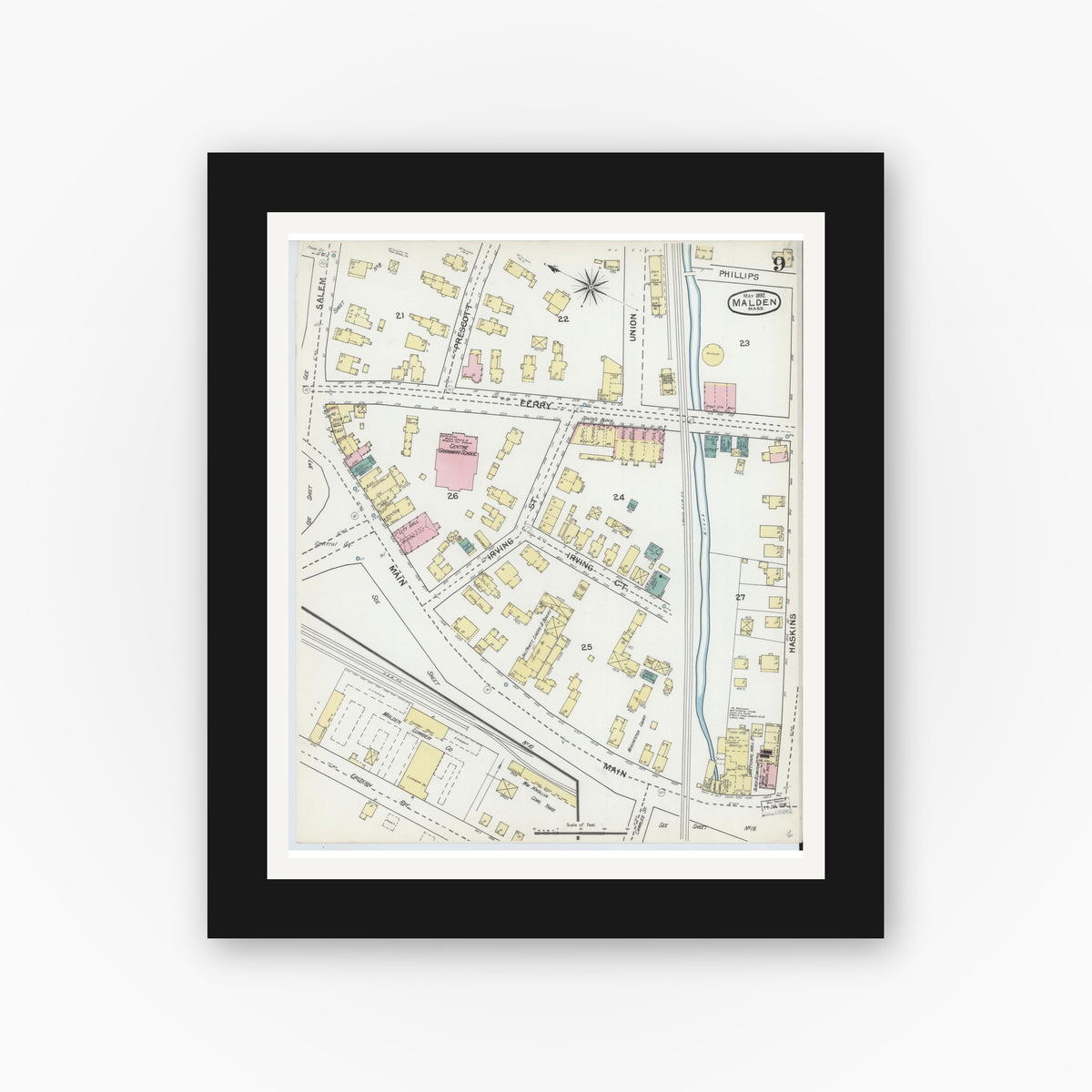 Old map wall art mockup — black gallery frame with white mat — Sanborn Fire Insurance Map from Malden, Middlesex County, Massachusetts (1892), Sheet #0009