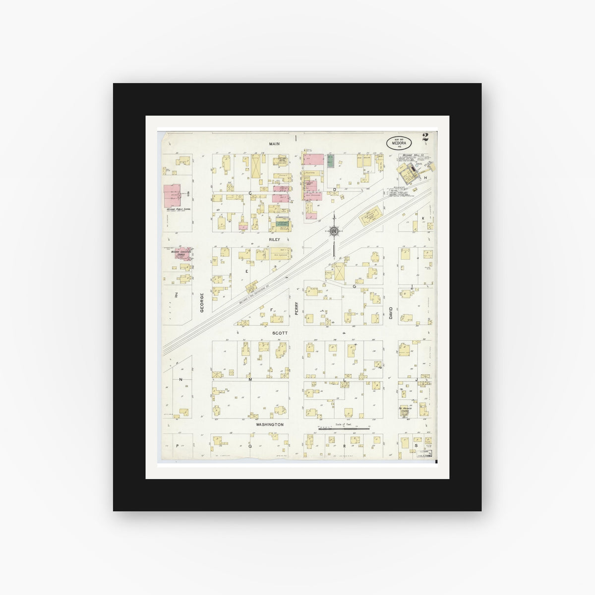 Old map wall art mockup — black gallery frame with white mat — Sanborn Fire Insurance Map from Medora, Jackson County, Indiana (1910), Sheet #0002