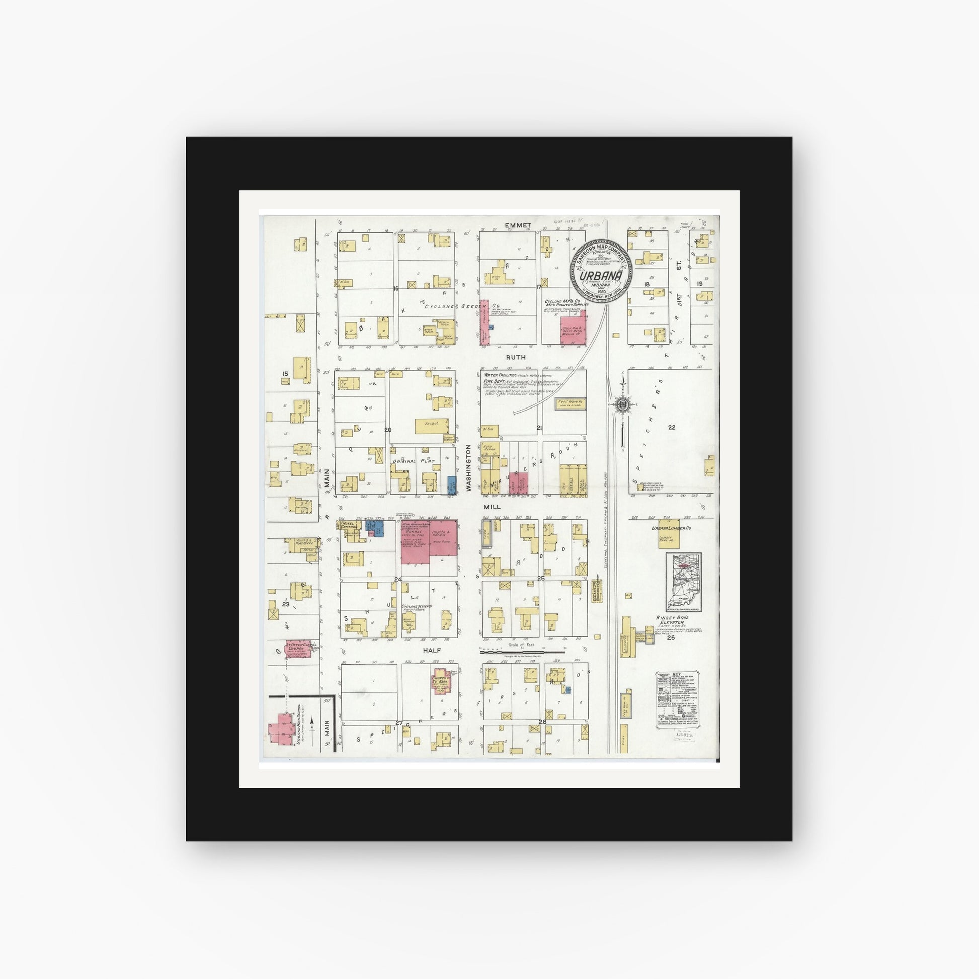 Old map wall art mockup — black gallery frame with white mat — Sanborn Fire Insurance Map from Urbana, Wabash County, Indiana (1920), Sheet #0001