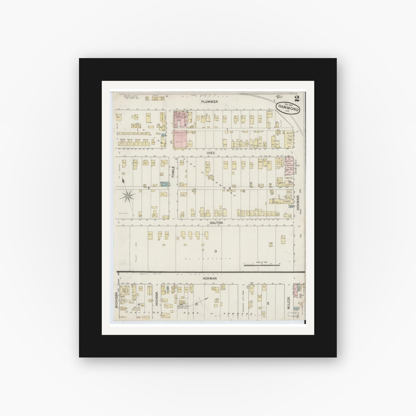 Old map wall art mockup — black gallery frame with white mat — Sanborn Fire Insurance Map from Hammond, Lake County, Indiana (1887), Sheet #0002