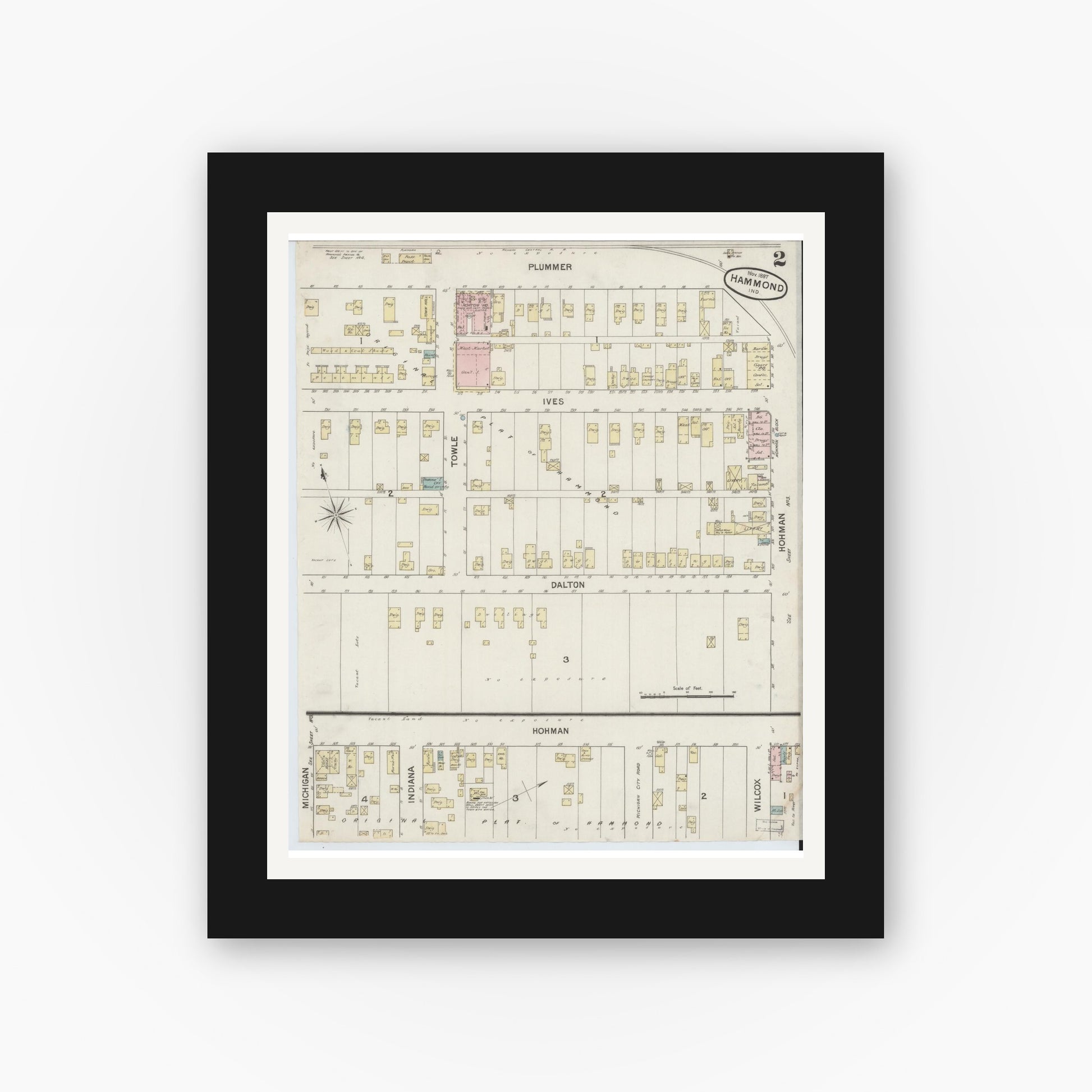 Old map wall art mockup — black gallery frame with white mat — Sanborn Fire Insurance Map from Hammond, Lake County, Indiana (1887), Sheet #0002