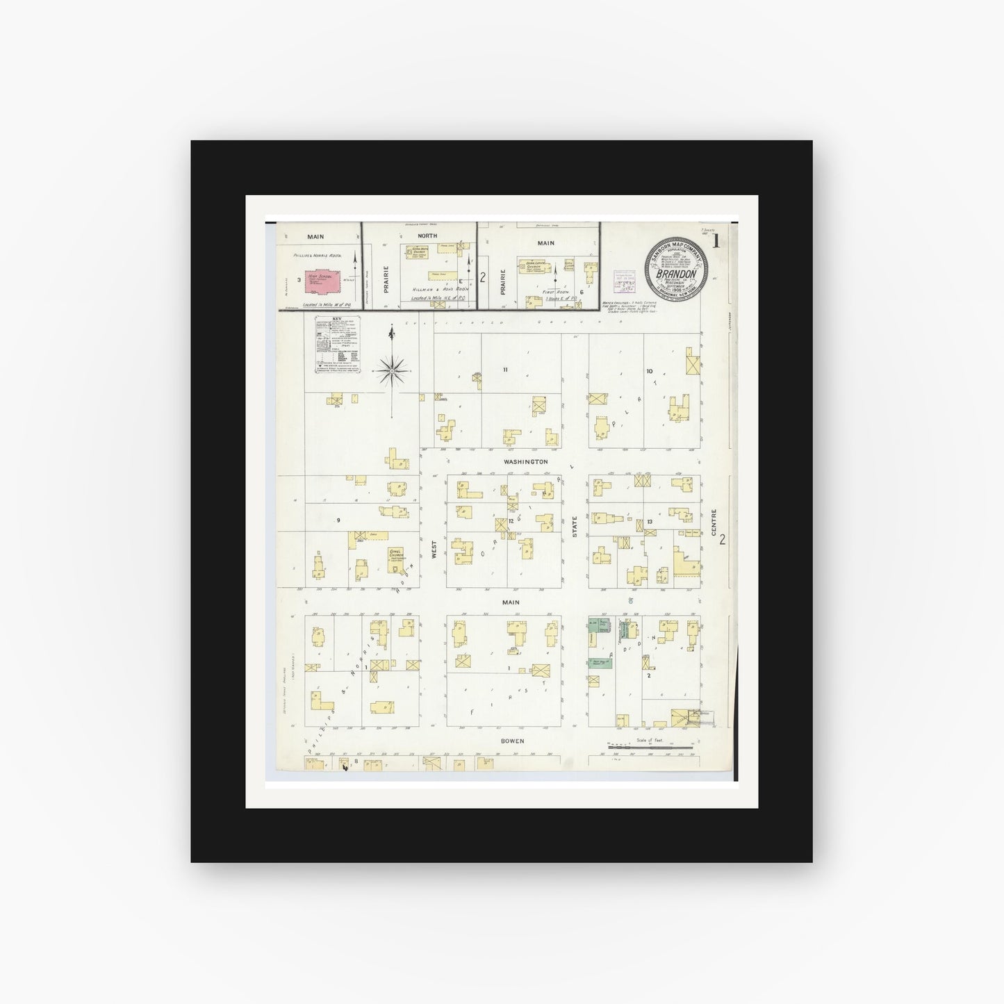 Old map wall art mockup — black gallery frame with white mat — Sanborn Fire Insurance Map from Brandon, Fond du Lac County, Wisconsin (1908), Sheet #0001