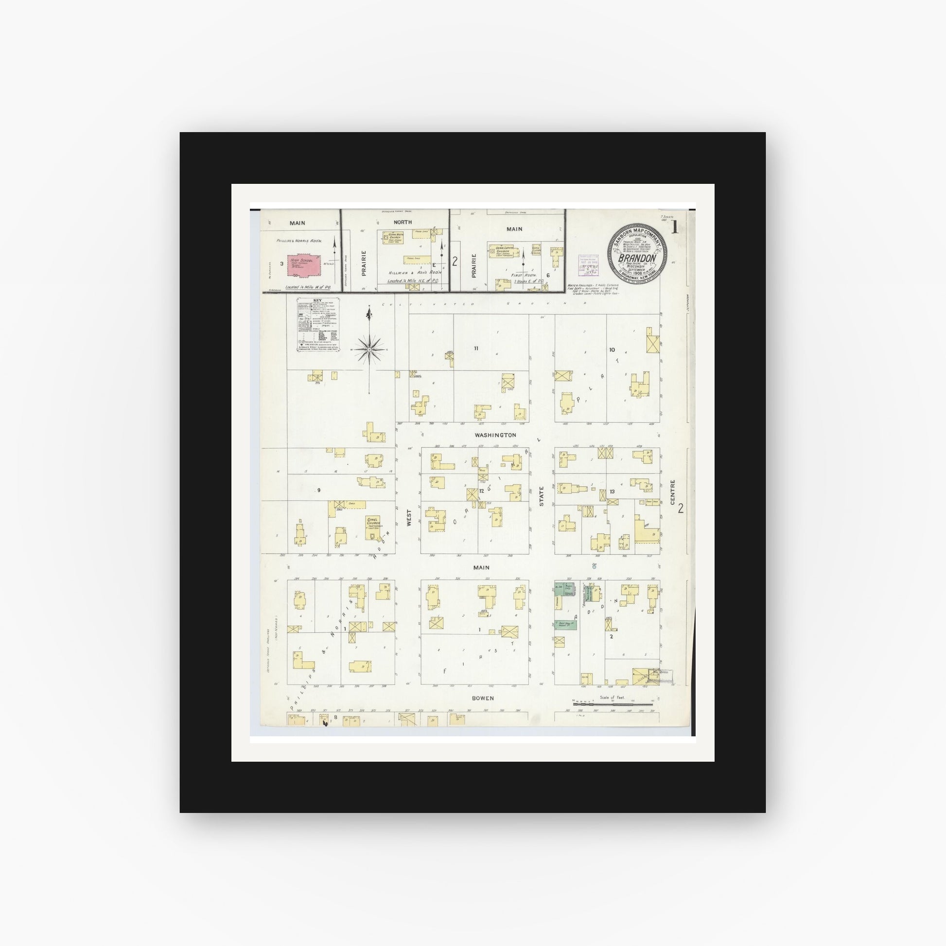 Old map wall art mockup — black gallery frame with white mat — Sanborn Fire Insurance Map from Brandon, Fond du Lac County, Wisconsin (1908), Sheet #0001