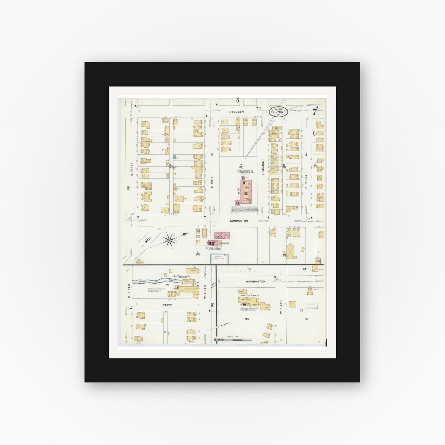 Old map wall art mockup — black gallery frame with white mat — Sanborn Fire Insurance Map from Corning, Steuben County, New York (1908), Sheet #0007