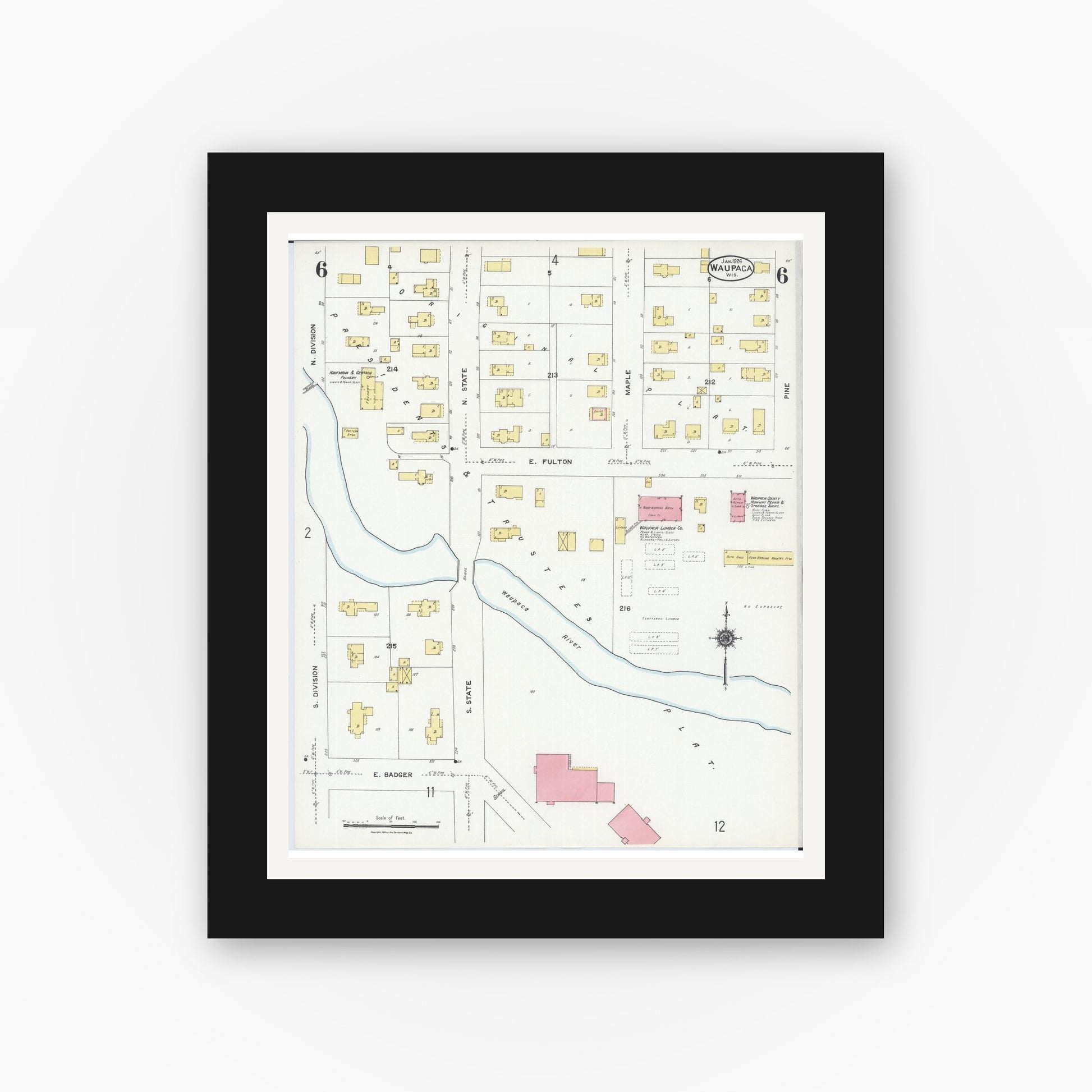 Old map wall art mockup — black gallery frame with white mat — Sanborn Fire Insurance Map from Waupaca, Waupaca County, Wisconsin (1924), Sheet #0006