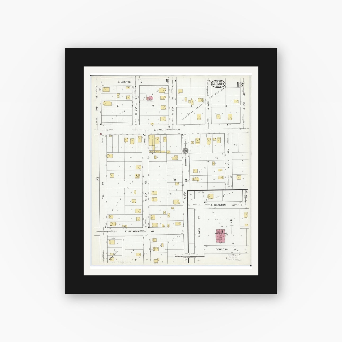 Old map wall art mockup — black gallery frame with white mat — Sanborn Fire Insurance Map from Cloquet, Carlton County, Minnesota (1919), Sheet #0013