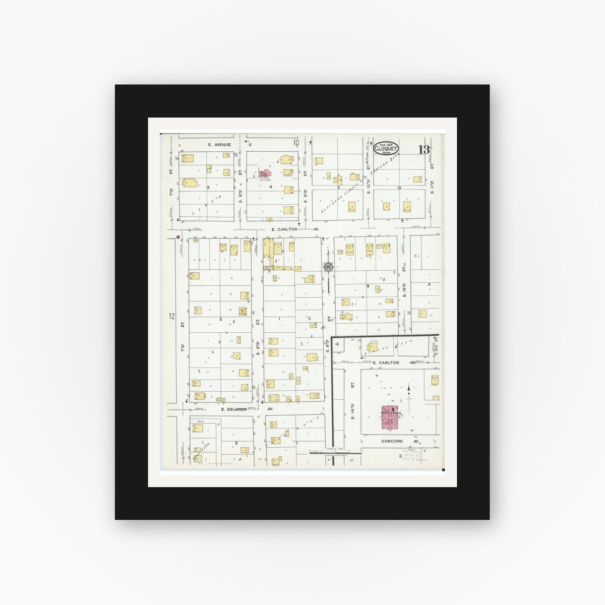 Old map wall art mockup — black gallery frame with white mat — Sanborn Fire Insurance Map from Cloquet, Carlton County, Minnesota (1919), Sheet #0013