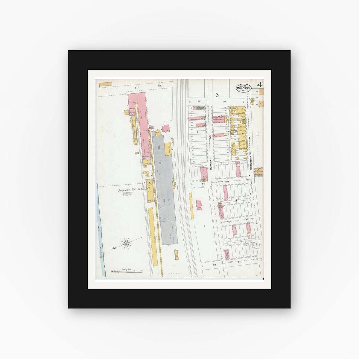 Old map wall art mockup — black gallery frame with white mat — Sanborn Fire Insurance Map from Monessen, Westmoreland County, Pennsylvania (1901), Sheet #0004