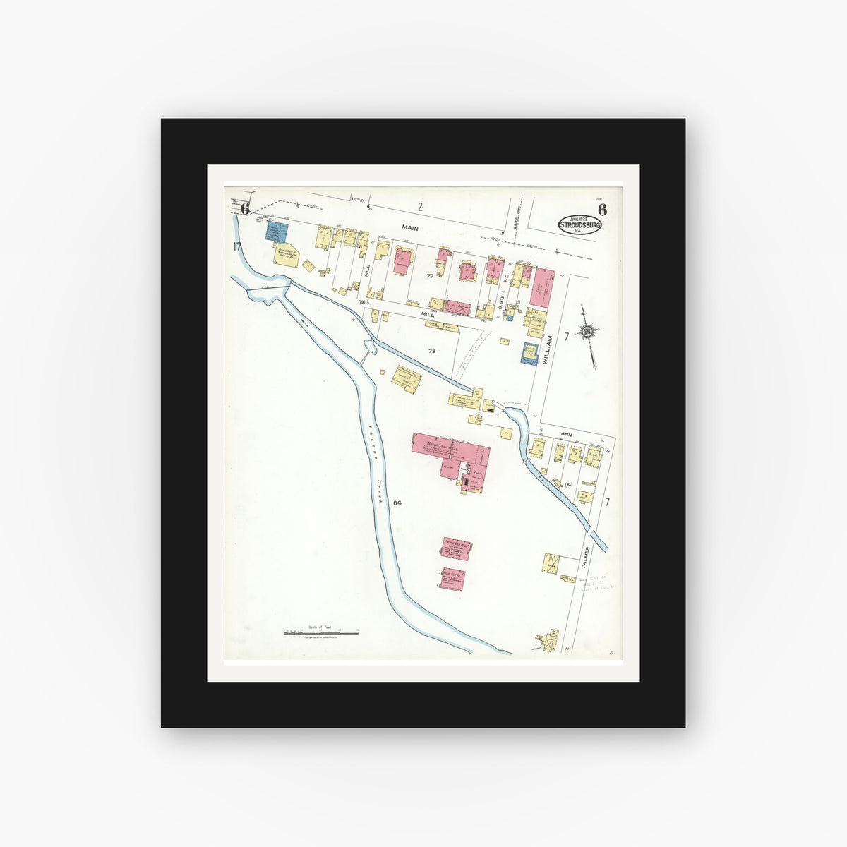 Old map wall art mockup — black gallery frame with white mat — Sanborn Fire Insurance Map from Stroudsburg, Monroe County, Pennsylvania (1923), Sheet #0006