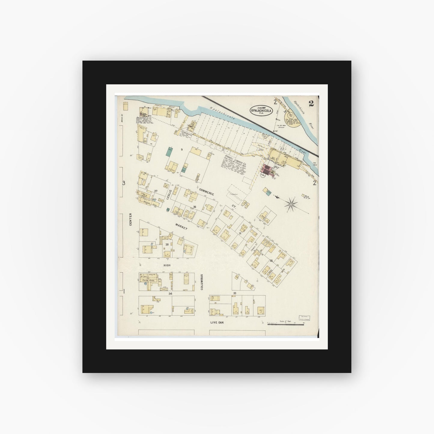 Old map wall art mockup — black gallery frame with white mat — Sanborn Fire Insurance Map from Apalachicola, Franklin County, Florida (1897), Sheet #0002