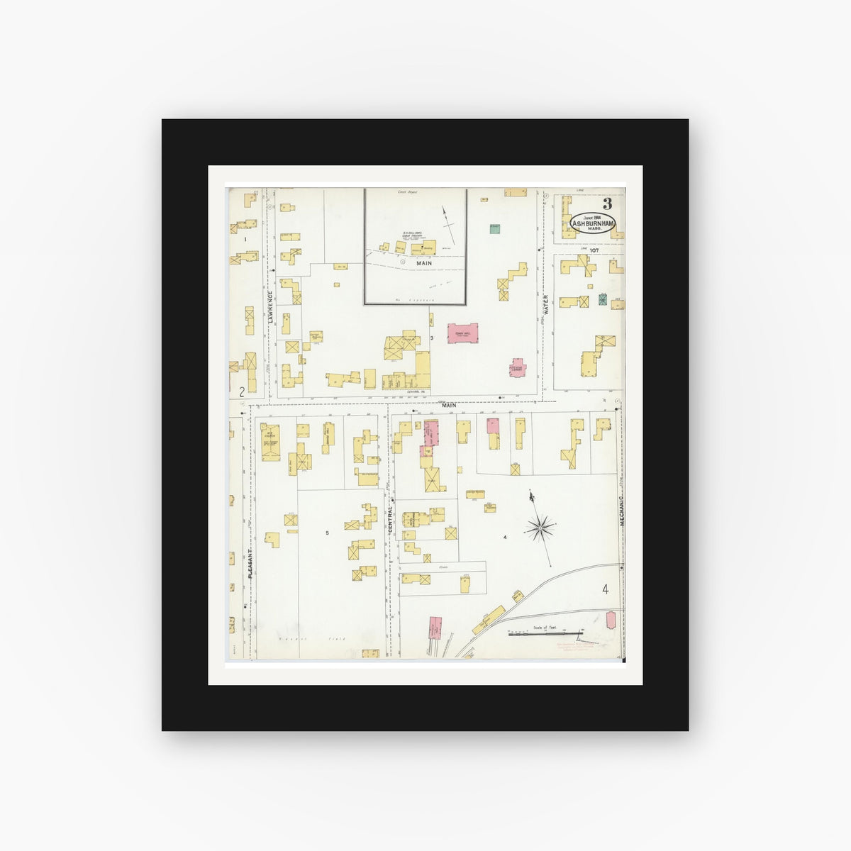 Old map wall art mockup — black gallery frame with white mat — Sanborn Fire Insurance Map from Ashburnham, Worcester County, Massachusetts (1904), Sheet #0003