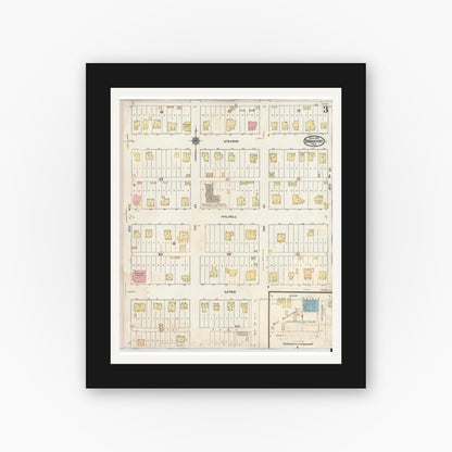 Old map wall art mockup — black gallery frame with white mat — Sanborn Fire Insurance Map from Bridgeport, Wise County, Texas (1944), Sheet #0003