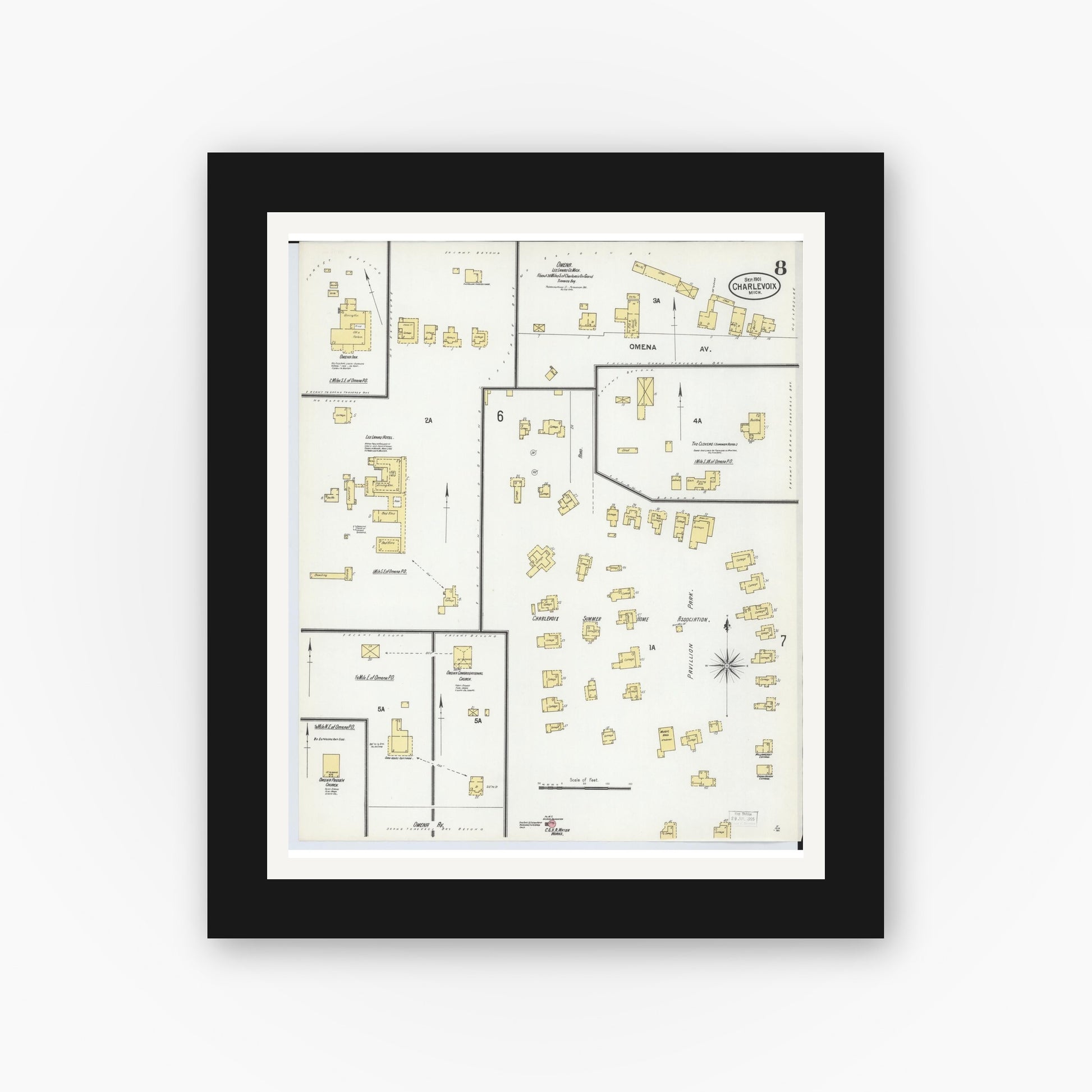 Old map wall art mockup — black gallery frame with white mat — Sanborn Fire Insurance Map from Charlevoix, Charlevoix County, Michigan (1901), Sheet #0008