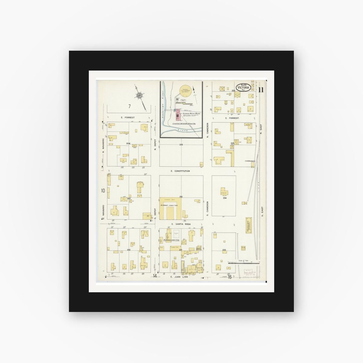 Old map wall art mockup — black gallery frame with white mat — Sanborn Fire Insurance Map from Victoria, Victoria County, Texas (1912), Sheet #0011