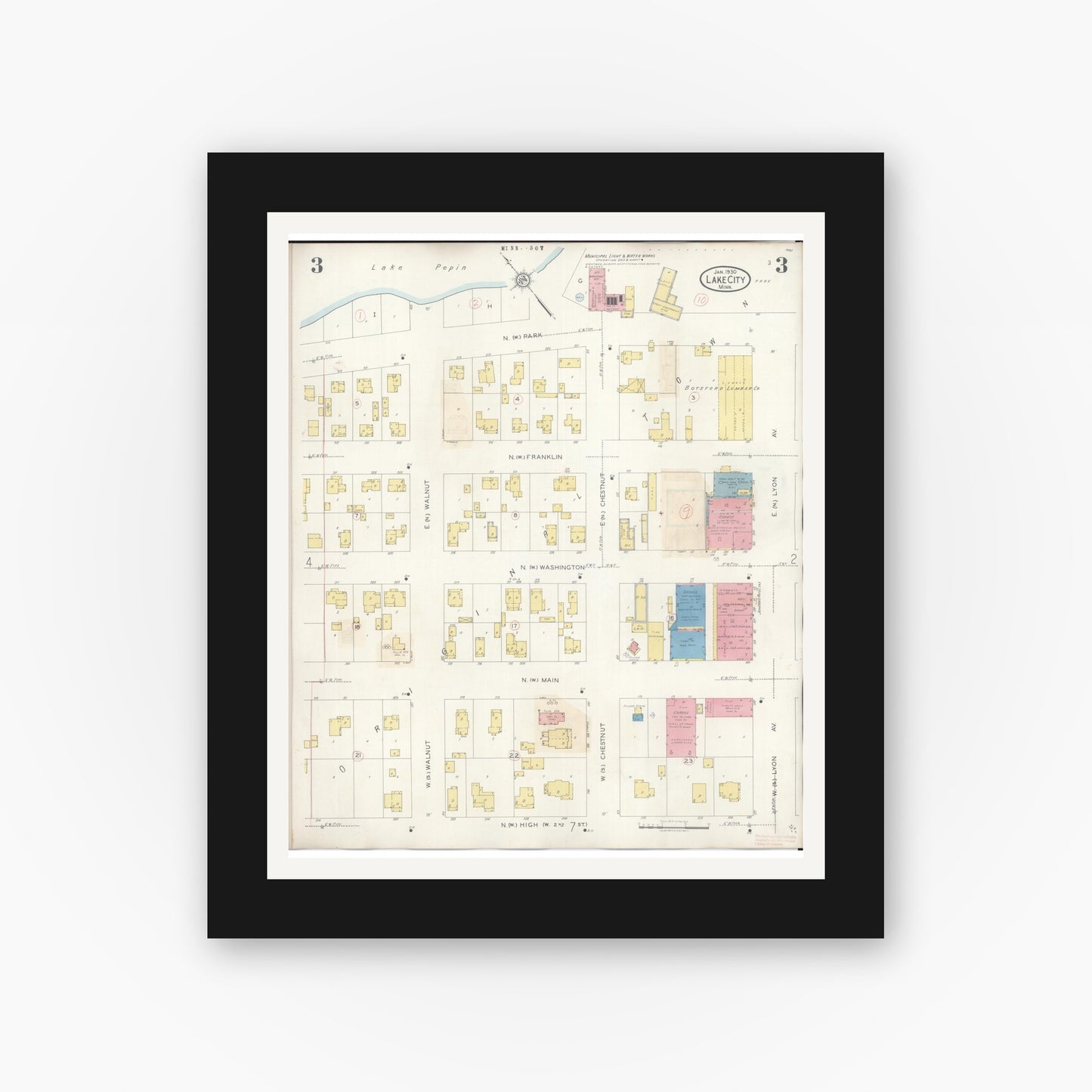 Old map wall art mockup — black gallery frame with white mat — Sanborn Fire Insurance Map from Lake City, Wabasha County, Minnesota (1938), Sheet #0003