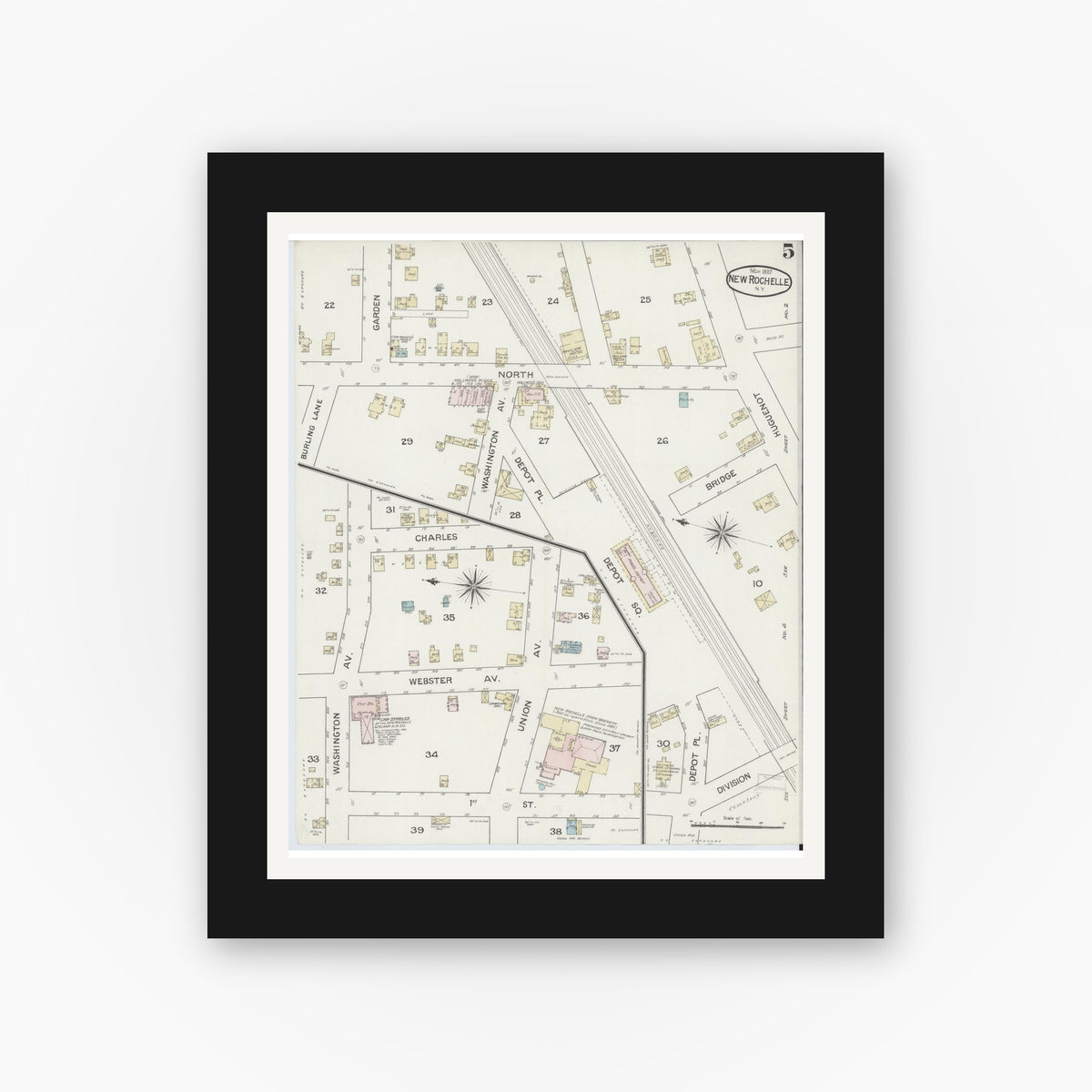 Old map wall art mockup — black gallery frame with white mat — Sanborn Fire Insurance Map from New Rochelle, Westchester County, New York (1887), Sheet #0005
