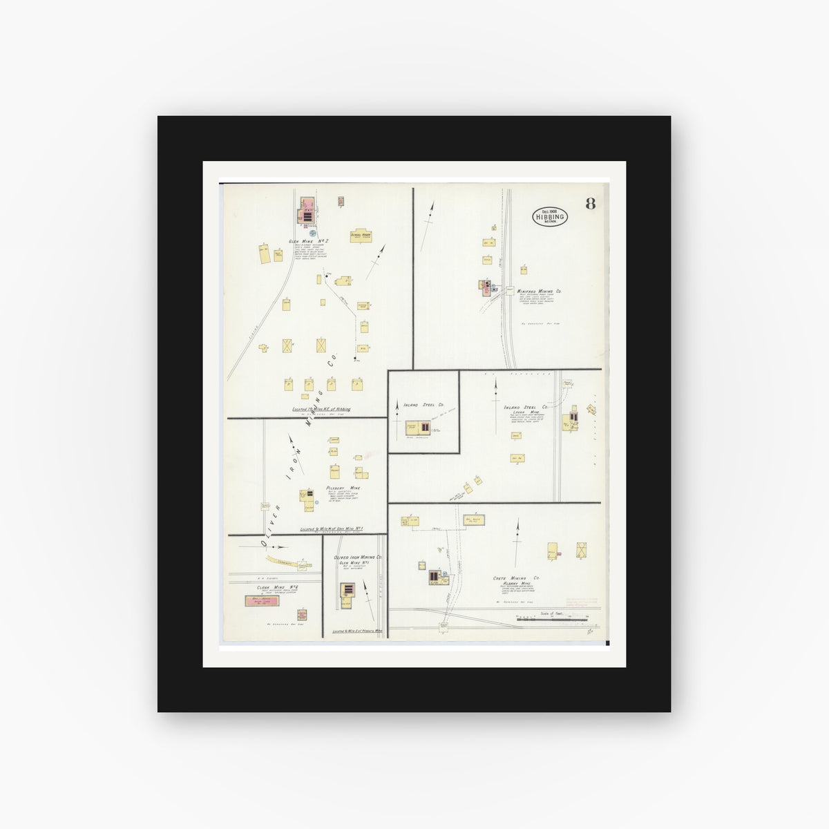 Old map wall art mockup — black gallery frame with white mat — Sanborn Fire Insurance Map from Hibbing, Saint Louis County, Minnesota (1908), Sheet #0008
