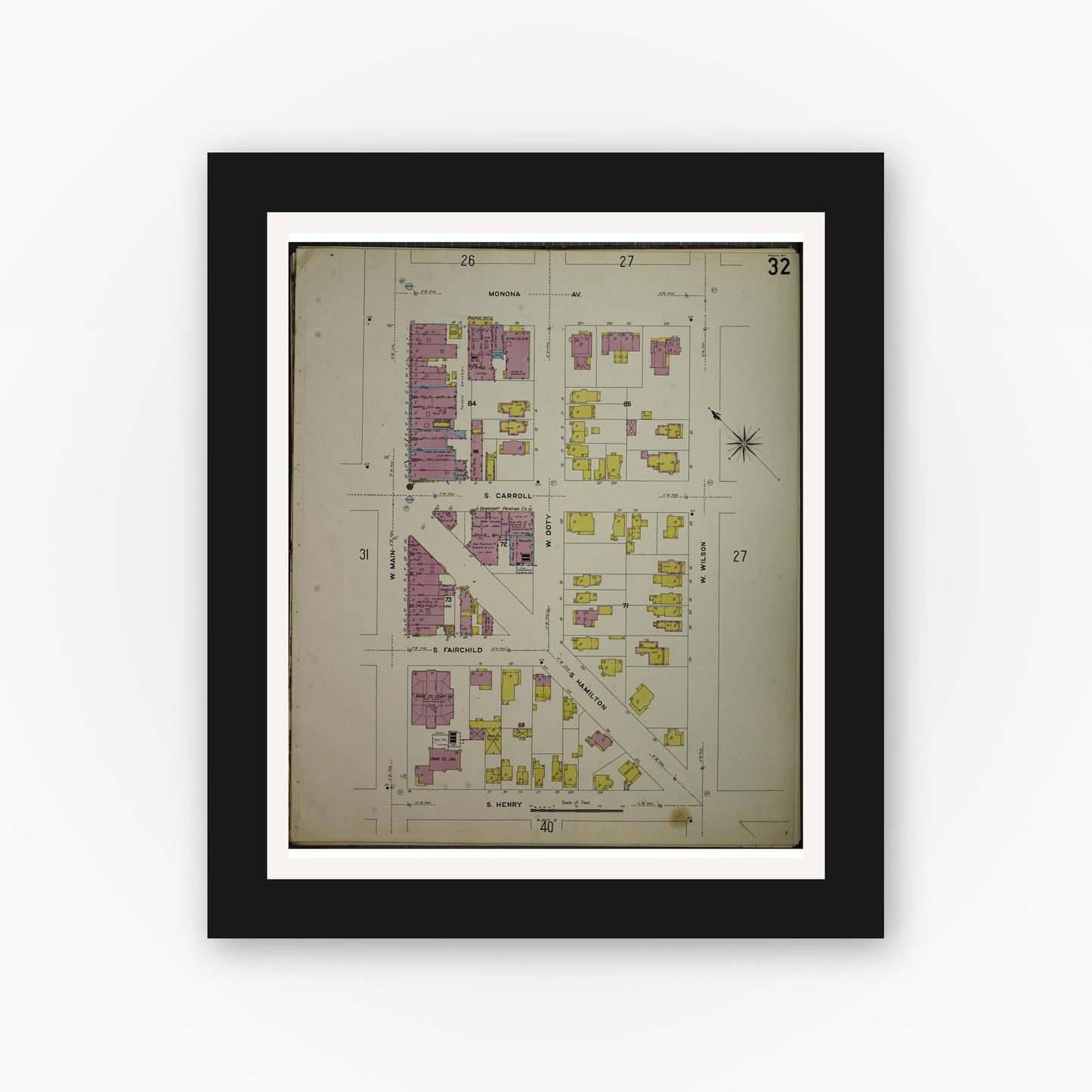 Old map wall art mockup — black gallery frame with white mat — Sanborn Fire Insurance Map from Madison, Dane County, Wisconsin (1908), Sheet #0032