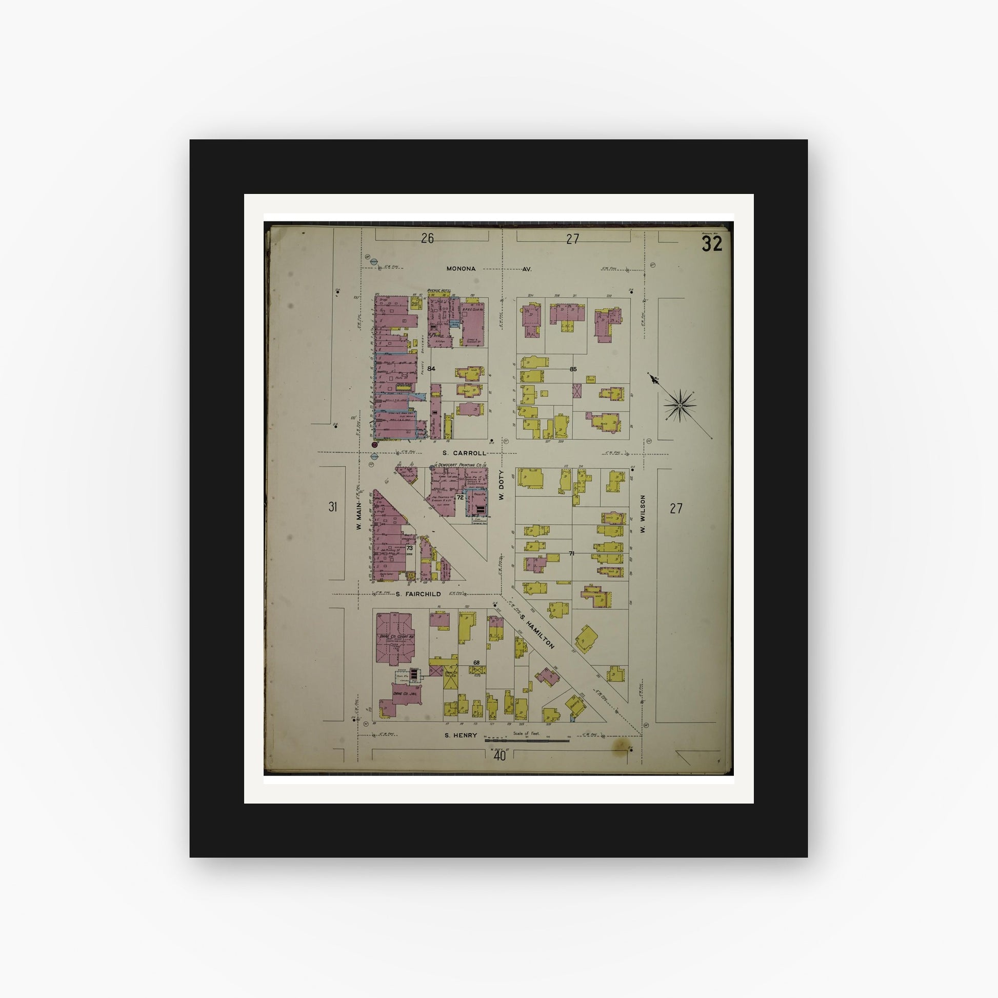 Old map wall art mockup — black gallery frame with white mat — Sanborn Fire Insurance Map from Madison, Dane County, Wisconsin (1908), Sheet #0032