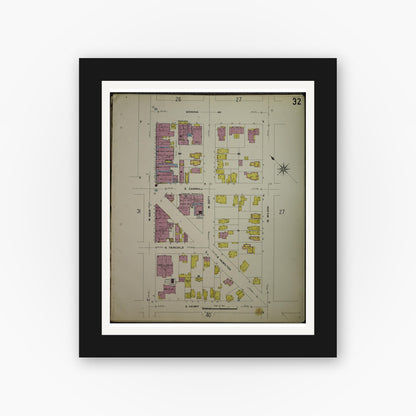 Old map wall art mockup — black gallery frame with white mat — Sanborn Fire Insurance Map from Madison, Dane County, Wisconsin (1908), Sheet #0032