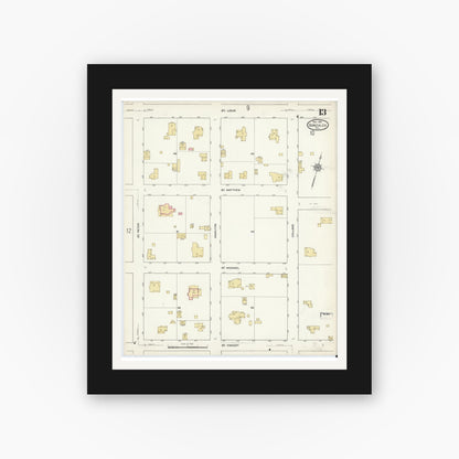 Old map wall art mockup — black gallery frame with white mat — Sanborn Fire Insurance Map from Gonzales, Gonzales County, Texas (1912), Sheet #0013