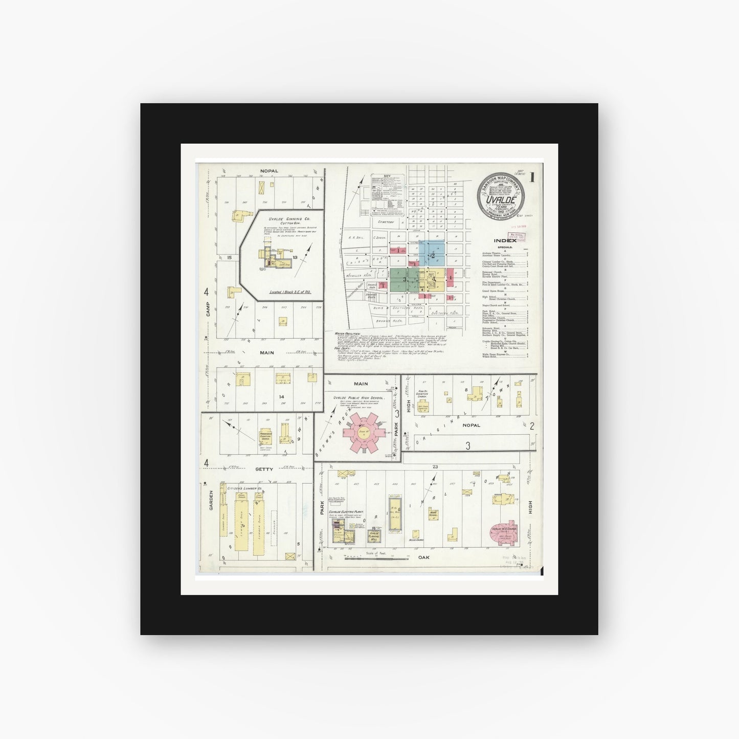 Old map wall art mockup — black gallery frame with white mat — Sanborn Fire Insurance Map from Uvalde, Uvalde County, Texas (1910), Sheet #0001