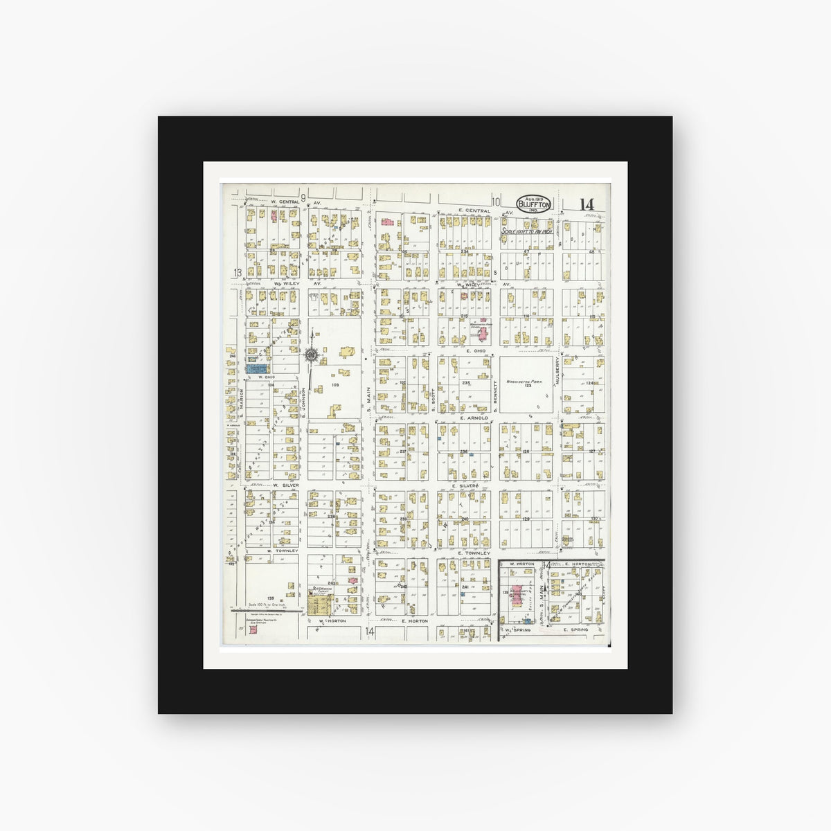 Old map wall art mockup — black gallery frame with white mat — Sanborn Fire Insurance Map from Bluffton, Wells County, Indiana (1919), Sheet #0014