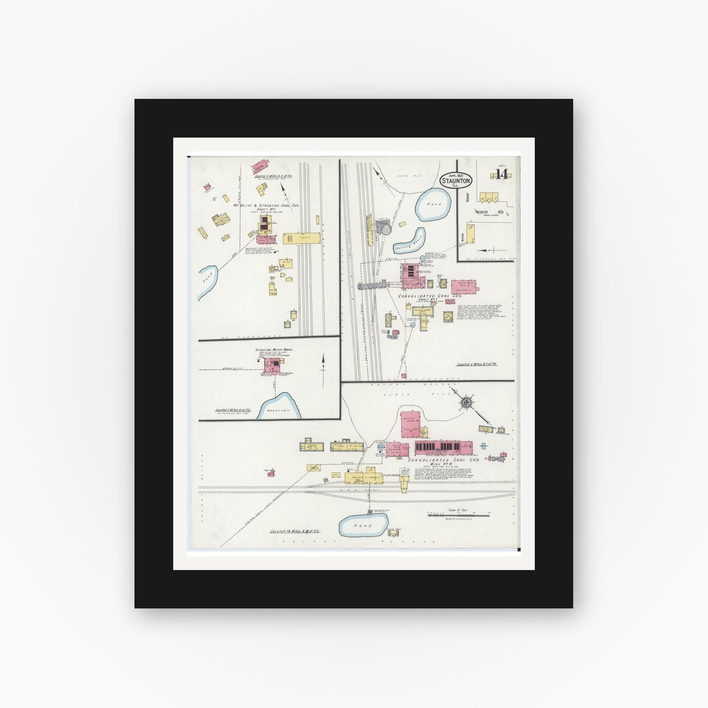 Old map wall art mockup — black gallery frame with white mat — Sanborn Fire Insurance Map from Staunton, Macoupin County, Illinois (1921), Sheet #0014