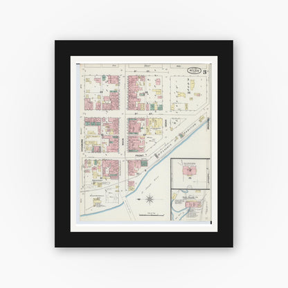 Old map wall art mockup — black gallery frame with white mat — Sanborn Fire Insurance Map from Niles, Berrien County, Michigan (1889), Sheet #0003