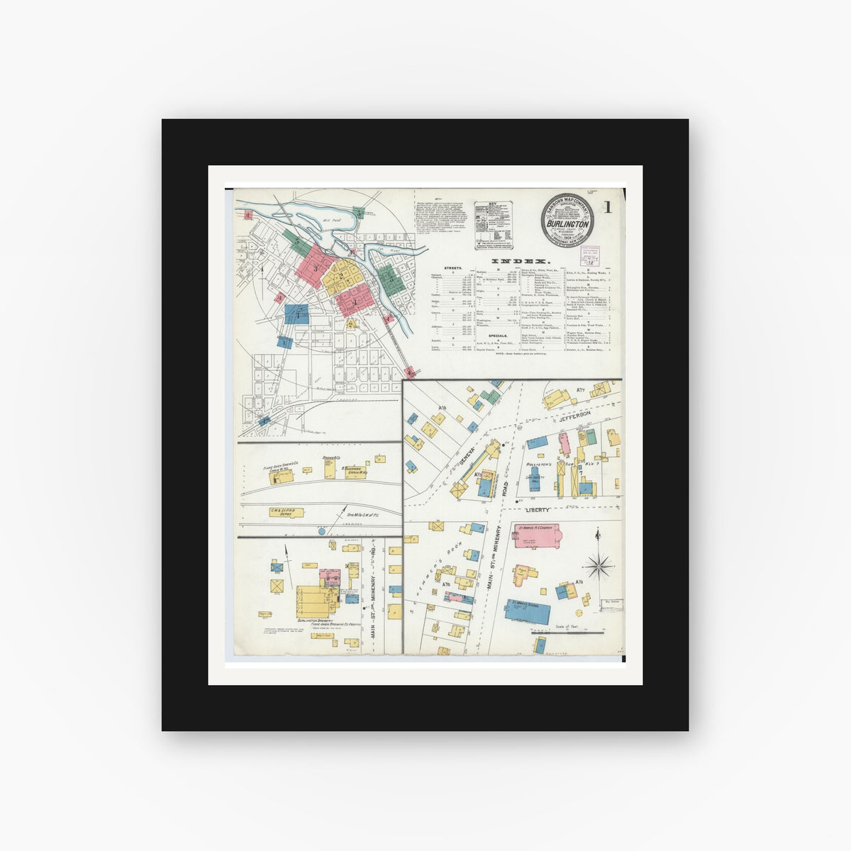 Old map wall art mockup — black gallery frame with white mat — Sanborn Fire Insurance Map from Burlington, Racine County, Wisconsin (1904), Sheet #0001