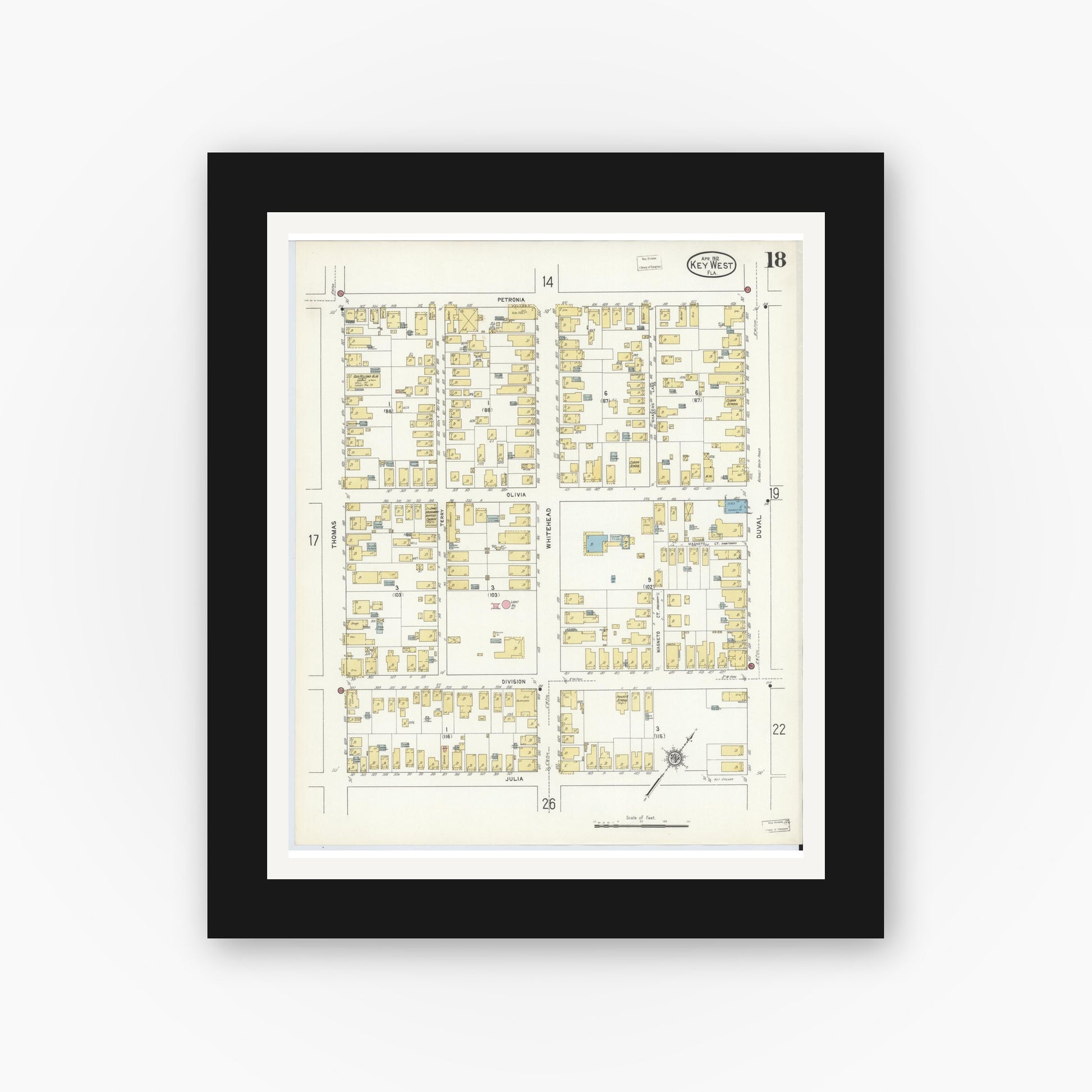 Old map wall art mockup — black gallery frame with white mat — Sanborn Fire Insurance Map from Key West, Monroe County, Florida (1912), Sheet #0018