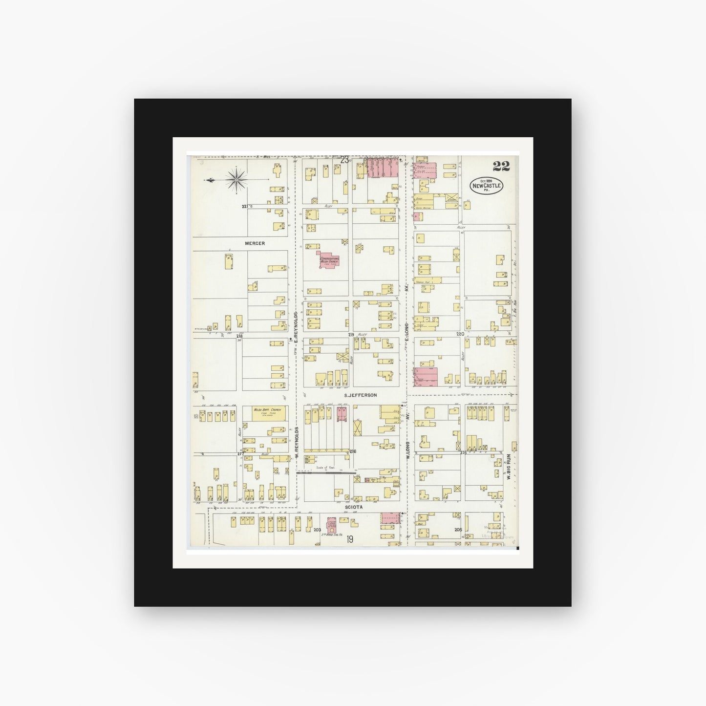 Old map wall art mockup — black gallery frame with white mat — Sanborn Fire Insurance Map from New Castle, Lawrence County, Pennsylvania (1899), Sheet #0022