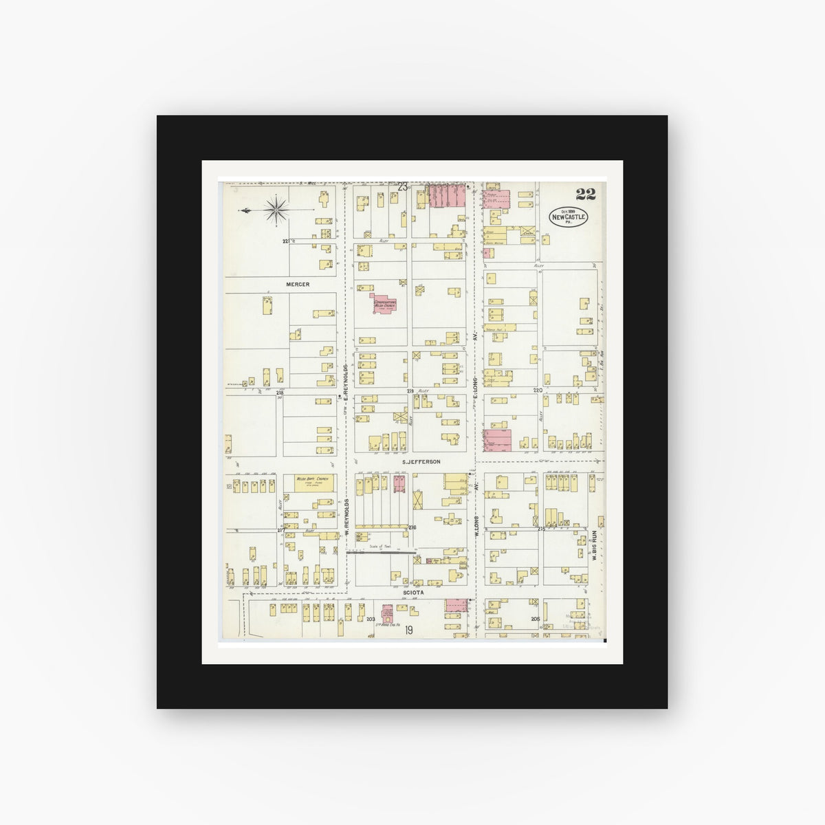Old map wall art mockup — black gallery frame with white mat — Sanborn Fire Insurance Map from New Castle, Lawrence County, Pennsylvania (1899), Sheet #0022