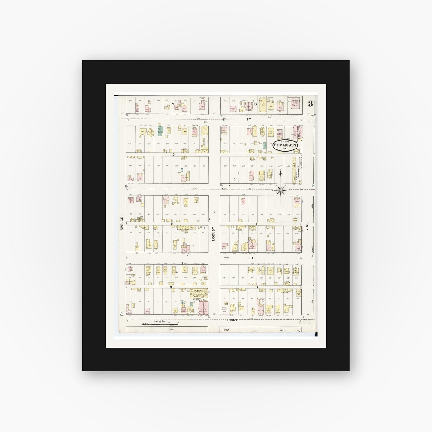 Old map wall art mockup — black gallery frame with white mat — Sanborn Fire Insurance Map from Fort Madison, Lee County, Iowa (1889), Sheet #0003