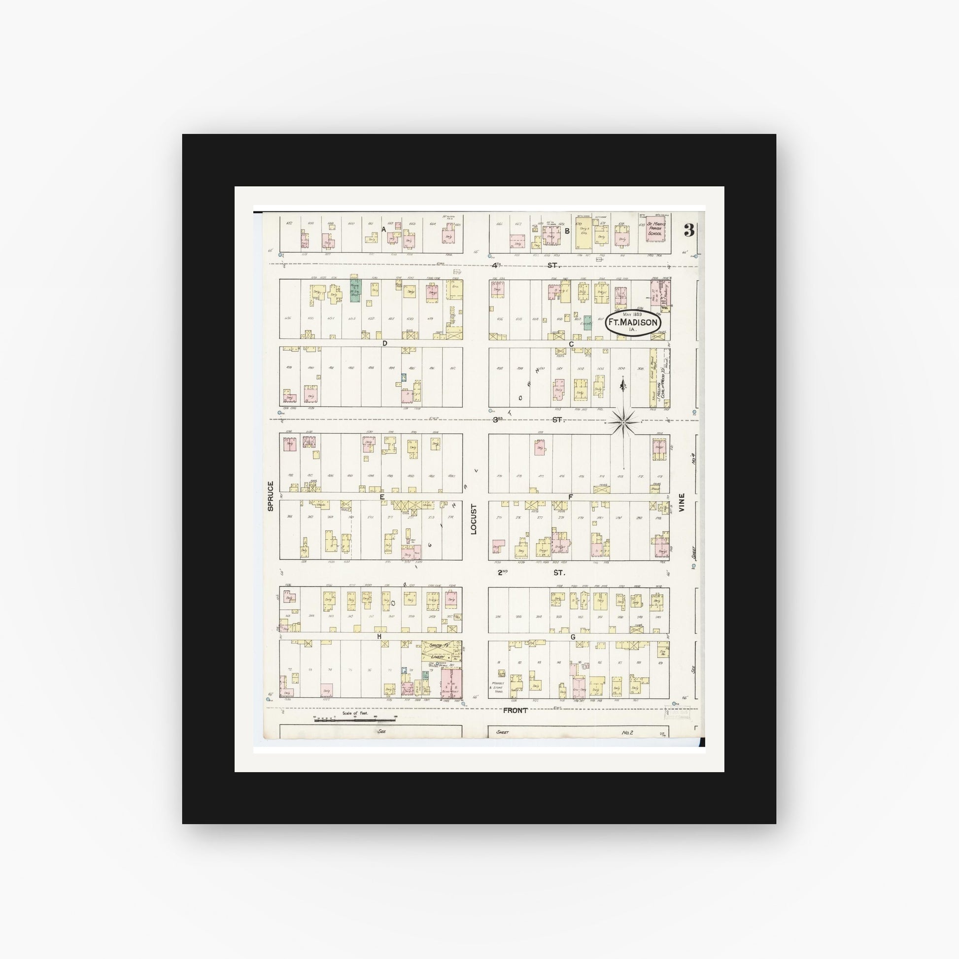 Old map wall art mockup — black gallery frame with white mat — Sanborn Fire Insurance Map from Fort Madison, Lee County, Iowa (1889), Sheet #0003