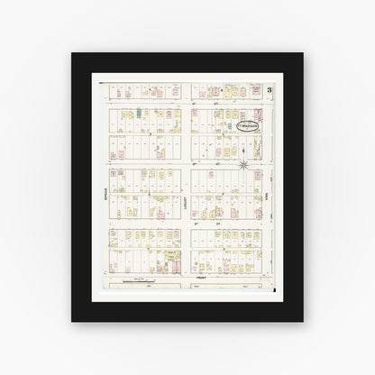 Old map wall art mockup — black gallery frame with white mat — Sanborn Fire Insurance Map from Fort Madison, Lee County, Iowa (1889), Sheet #0003