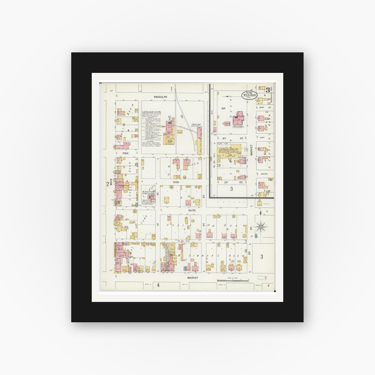 Old map wall art mockup — black gallery frame with white mat — Sanborn Fire Insurance Map from Red Bud, Randolph County, Illinois (1900), Sheet #0003