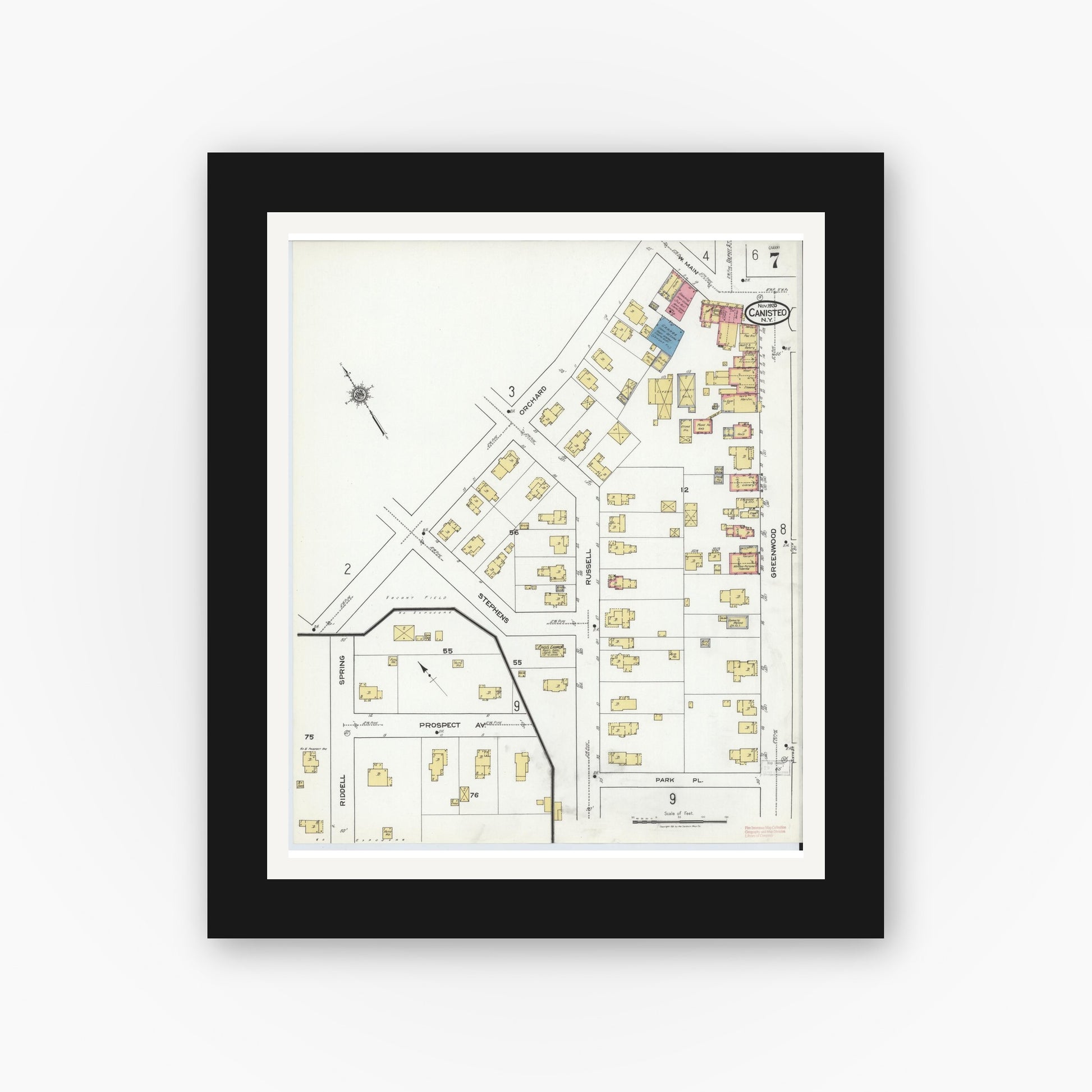 Old map wall art mockup — black gallery frame with white mat — Sanborn Fire Insurance Map from Canisteo, Steuben County, New York (1920), Sheet #0007