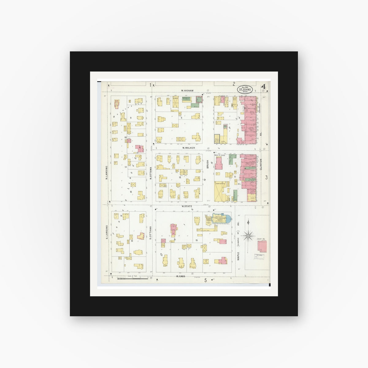 Old map wall art mockup — black gallery frame with white mat — Sanborn Fire Insurance Map from Saint Johns, Clinton County, Michigan (1900), Sheet #0004
