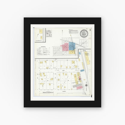 Old map wall art mockup — black gallery frame with white mat — Sanborn Fire Insurance Map from Edmore, Montcalm County, Michigan (1910), Sheet #0001