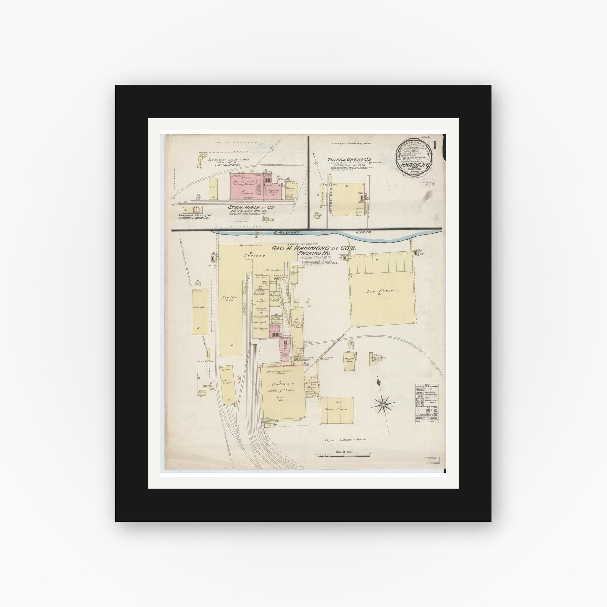 Old map wall art mockup — black gallery frame with white mat — Sanborn Fire Insurance Map from Hammond, Lake County, Indiana (1886) - Complete Map Set