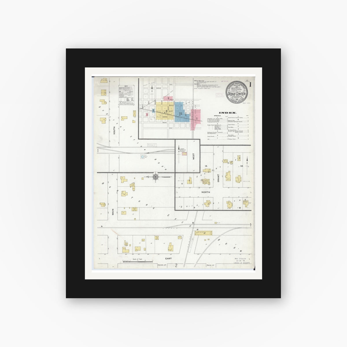 Old map wall art mockup — black gallery frame with white mat — Sanborn Fire Insurance Map from Dodge Center, Dodge County, Minnesota (1910), Sheet #0001